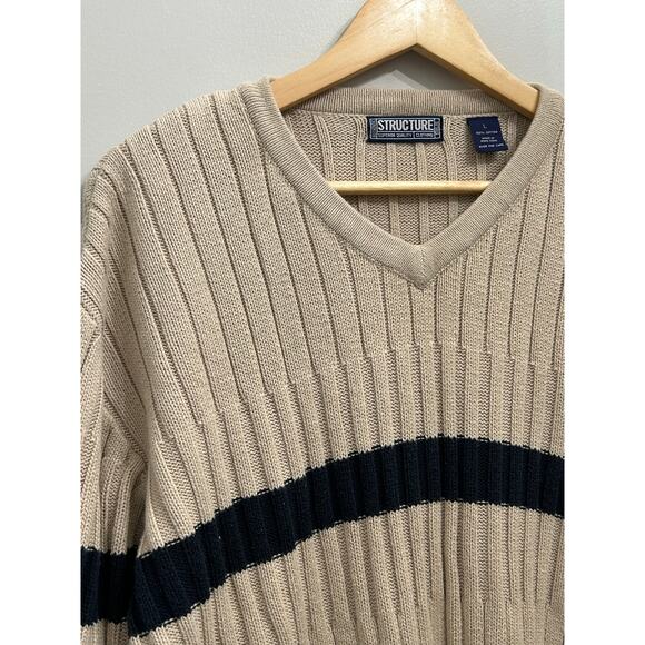 90s Structure Sweater Men's Beige Navy Stripe V Neck Cotton Ribbed Vintage - Picture 2 of 4